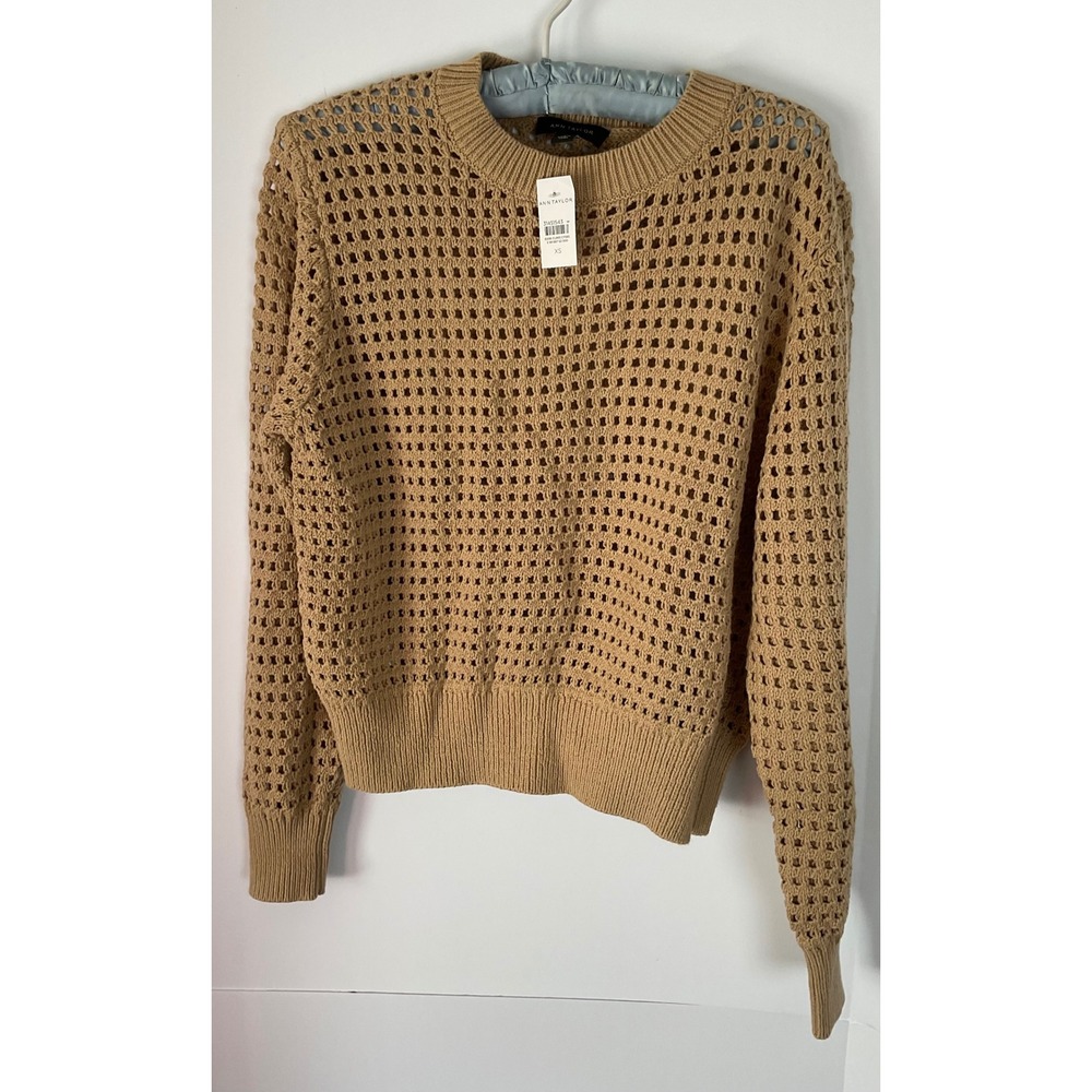 Ann Taylor Women XS Camel Tan Open Knit Crochet Sweater Crewneck Long Sleeve NEW